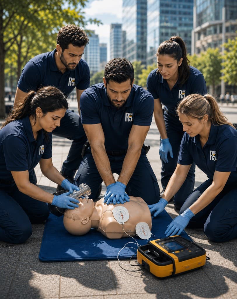 First aid CPR training with AED