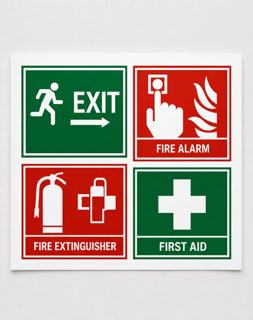 Emergency safety signs for exit, fire alarm, fire extinguisher, and first aid in a four-panel layout